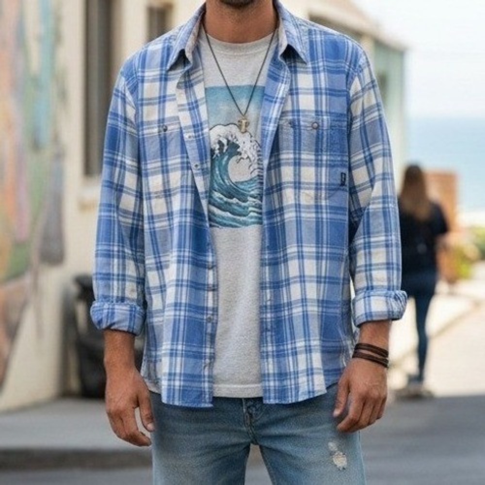 Billabong Men's Plaid Button Up Shirt Blue White Long Sleeve Surf Skate Medium